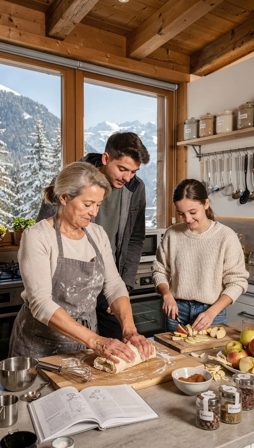 Eine Gruppe von Teilnehmern, die gemeinsam traditionelle alpine Gerichte in einer gemütlichen Küche zubereiten.