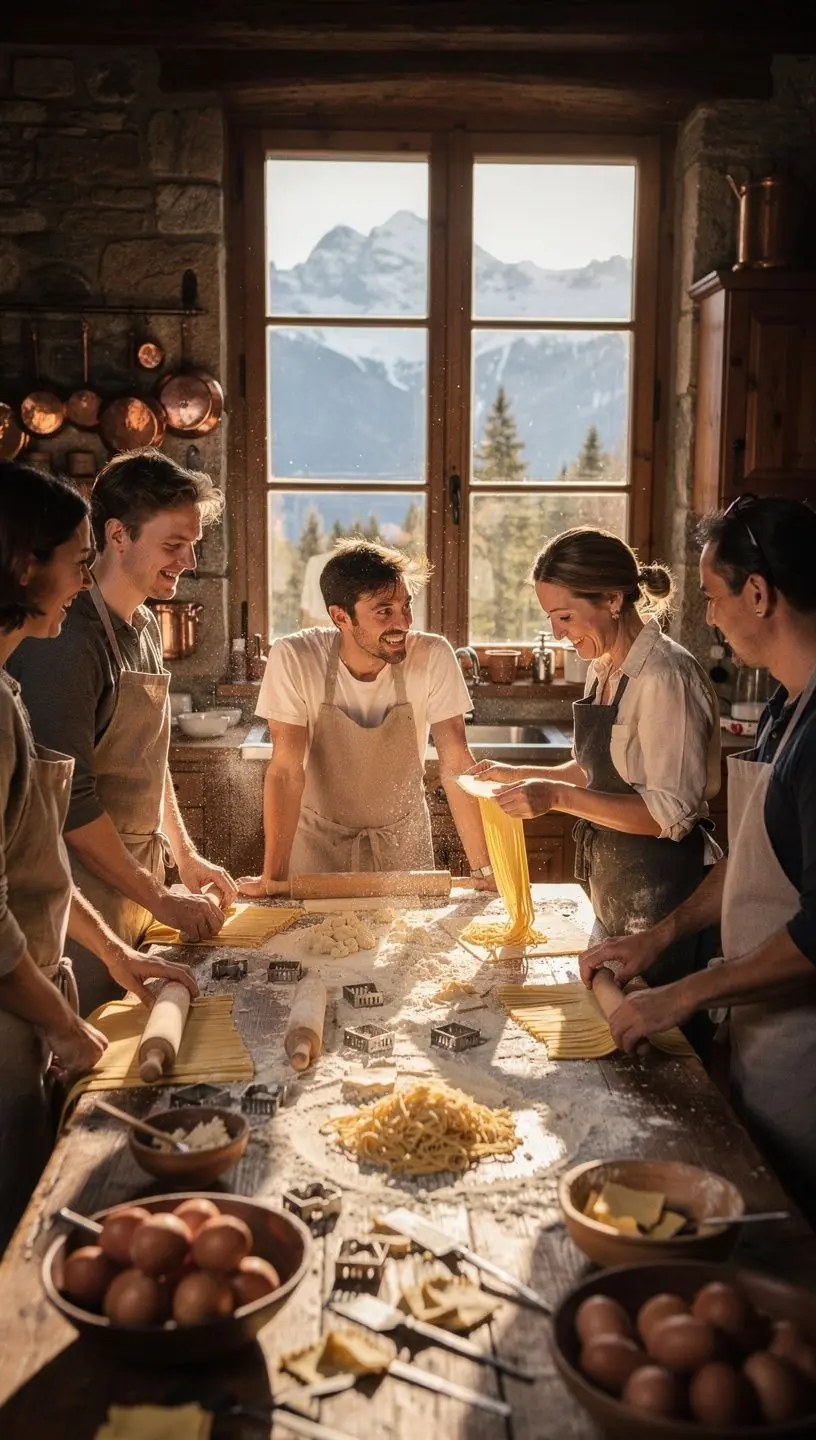Ein schöner Tisch gedeckt mit frisch zubereiteten Speisen aus lokalen alpinen Zutaten.