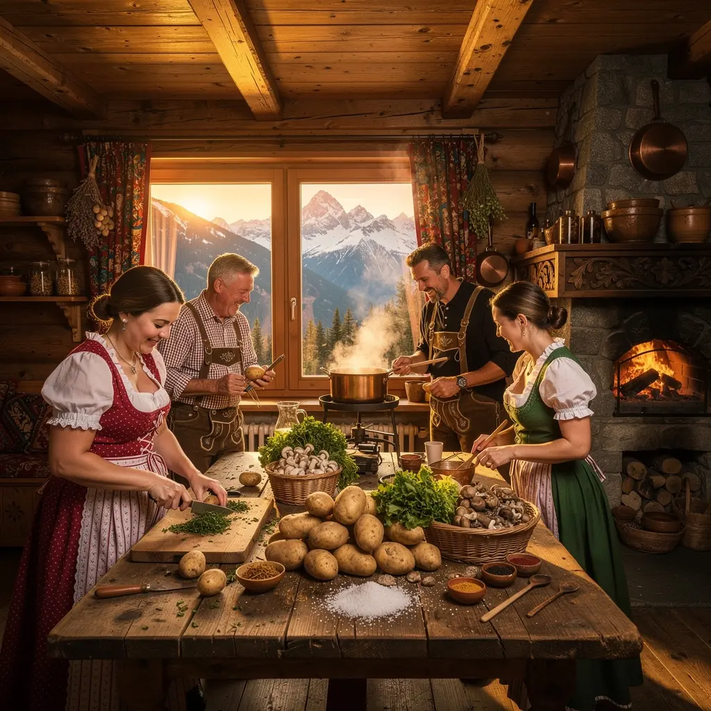 Ein Koch, der frische alpine Kräuter in einer malerischen Berglandschaft zubereitet.