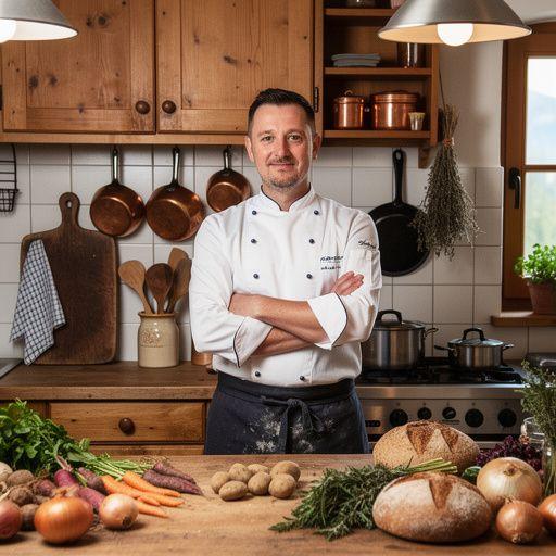 Eine Auswahl an regionalen Zutaten auf einem Holztisch, bereit zur Verarbeitung.